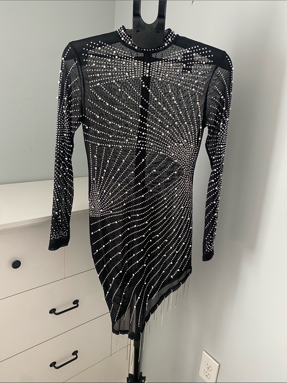Black Embellished Long-Sleeve Sheer Dress